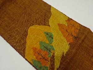 リサイクル　手織り真綿紬遠山に樹木風景模様織り出し名古屋帯
